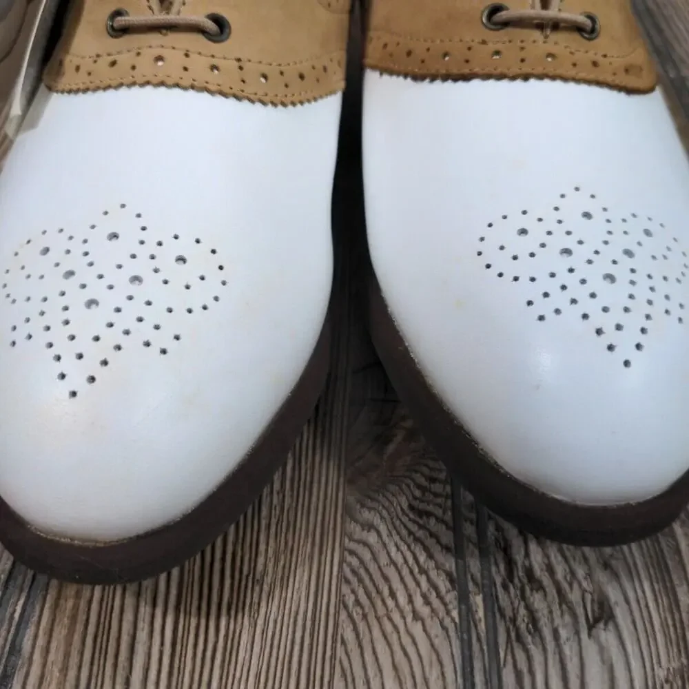 Mizuno Women Metal Cleat Golf Shoes White Brown‎ Saddle Classic Sz 8 Waterproof